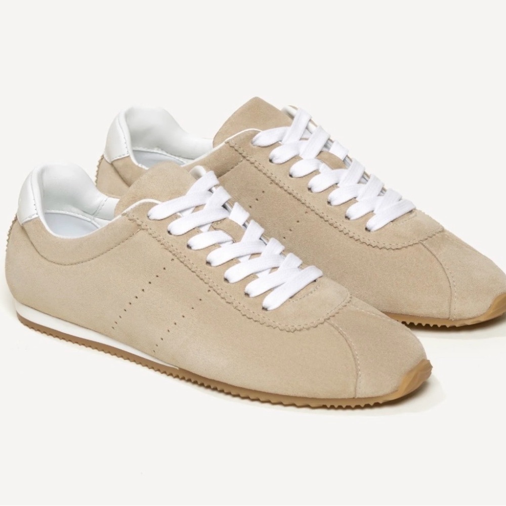 Women’s Beige Suede Athletic Sneakers with White Accents size 7 US 37.5 EU